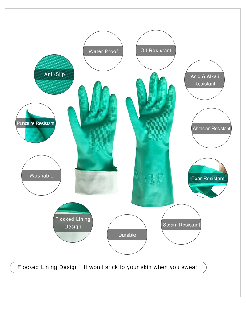 33cm Green Flocked Lining Nitrile Chemical Resistant Working Protect Glove