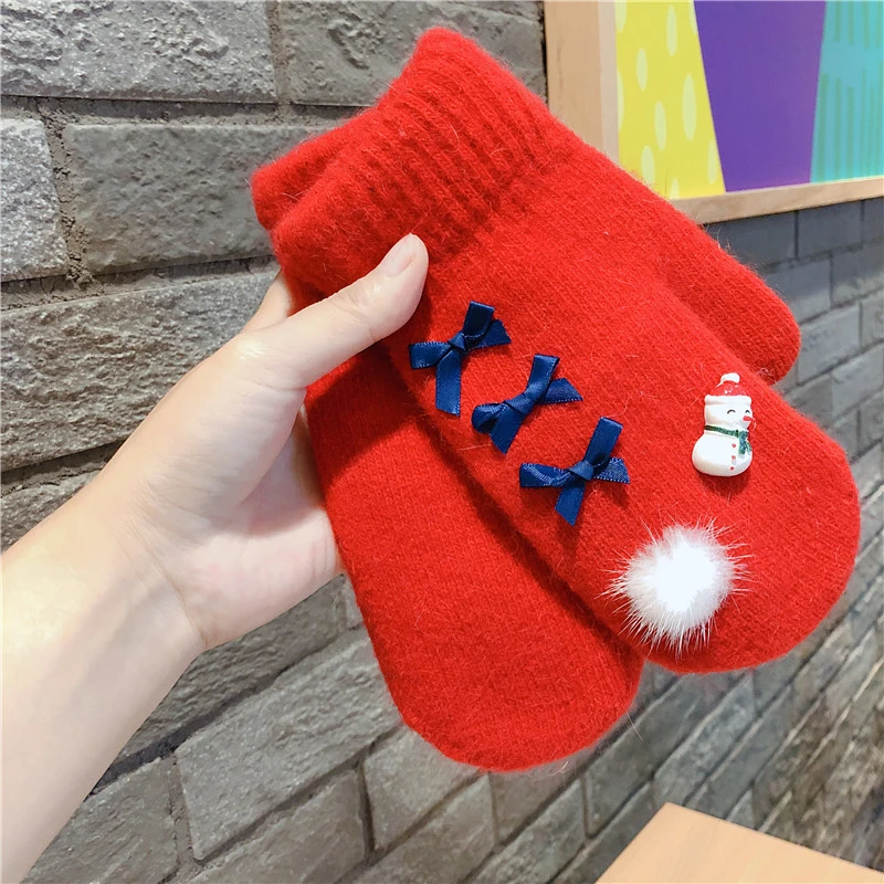 Christmas Series Female Red Festive Happy Snowman Cute Cartoon Students Wrapped Fingers Thickened Velvet Anti-Wind and Cold Warm Gloves